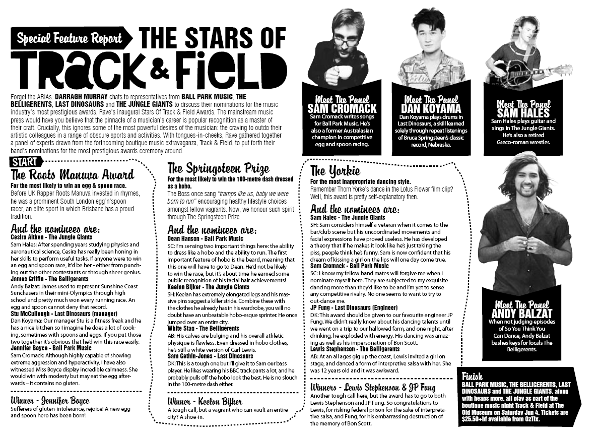 Rave Feature: Track and Field Special feature for Rave Magazine featuring Last Dinosaurs, Ball Park Music, The Jungle Giants and The Belligerents